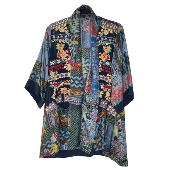 JOHNNY WAS KOBEN CANVAS EMBROIDERED KIMONO 100% SILK SZ M